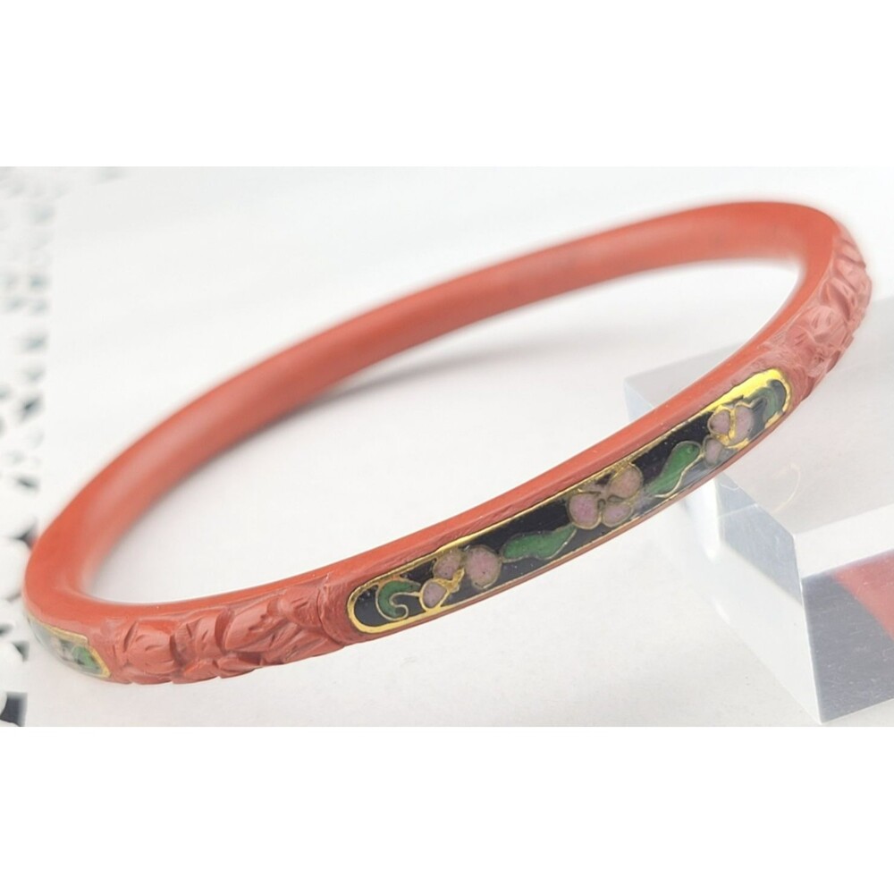 Vintage Red Carved Cinnabar Cloisonne Enamel Flower 6mm Bangle Bracelet 7"